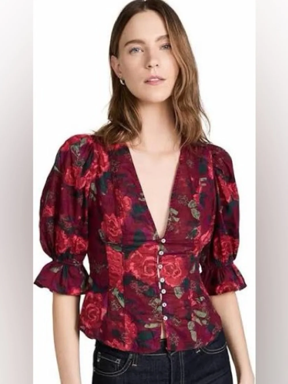 Free People Wine Rose Print Puff Sleeve Blouse